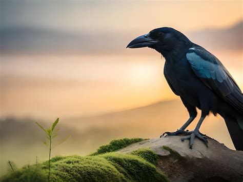 Premium AI Image | A crow sits on a branch in front of a sunset.