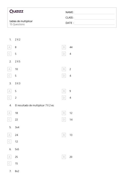 50 Hechos De Multiplicación Hojas De Trabajo Para Grado 2 En Quizizz