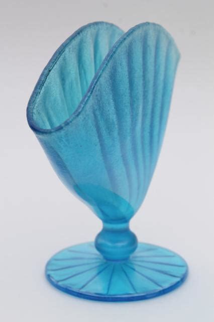 Vintage Fenton Stretch Glass Fan Vases Celeste Blue And Vaseline Yellow Topaz Art Glass