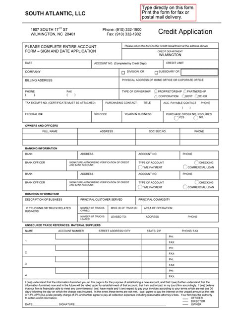 Fillable Online Bcredit Applicationb Bpdfb South Atlantic Llc Fax