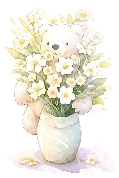 Une Aquarelle D Un Ours En Peluche Tenant Un Bouquet De Fleurs