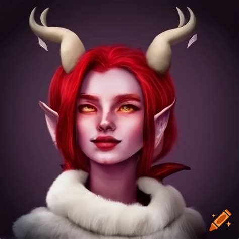 Portrait Of A Kind Hearted Female Tiefling With Horns And White Fur