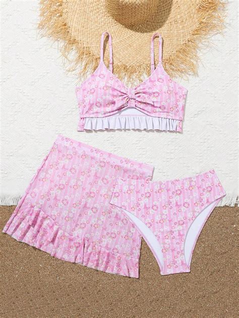 Teen Girl Floral Print Ruffle Trimmed Bikini Set With Accent Band