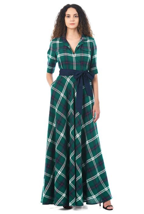 Shop Cotton Flannel Plaid Surplice Maxi Dress Eshakti