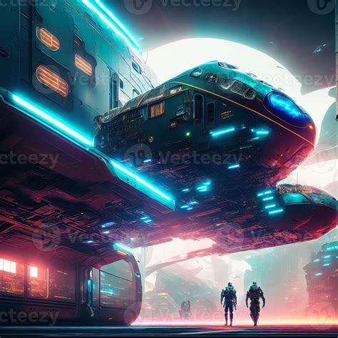 concept art of transport train bus in neon future city, generative art by A.I. 21772192 Stock ...