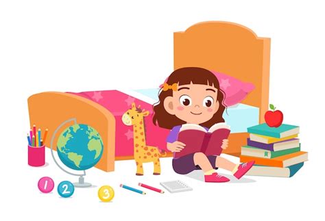 Free Vector Happy Cute Little Kid Girl Read Book In Bed Room