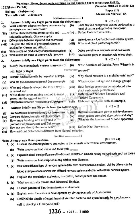 12th Class Biology Past Paper 2022 Sargodha Board Subjective