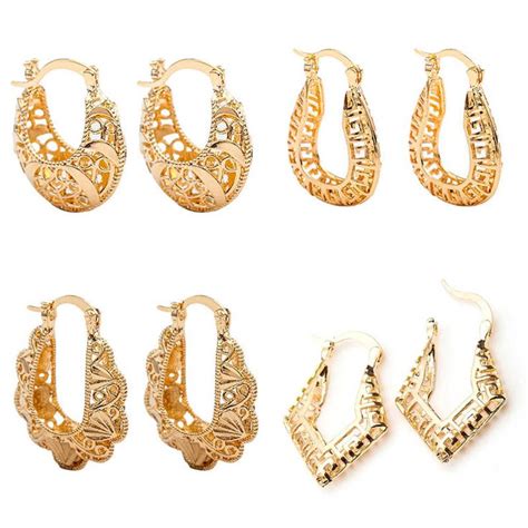 4 Pair Set Of Gold Tone Openwork Scallop Filigree Hoop Earrings