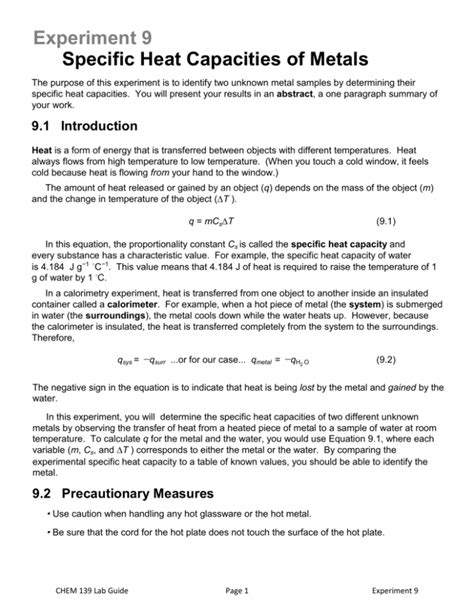 Specific Heat Capacities of Metals Lab Guide