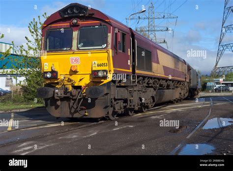 Db Cargo Rail Class 66 Diesel Locomotive 66053 Hauling A Freight Train Carrying Steel At Newport