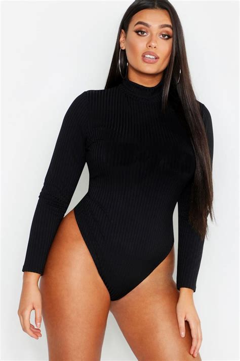 Womens Black Plus Rib Roll Neck Bodysuit Boohoo Uk