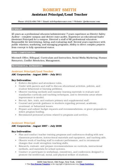 Assistant Principal Resume Samples Qwikresume