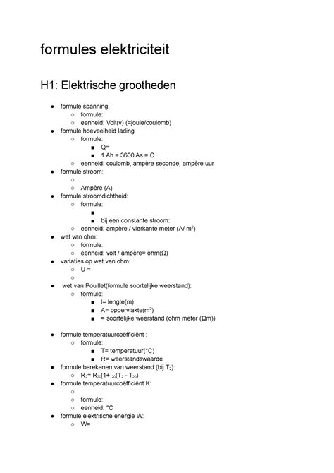 Formules Elektriciteit Formules Elektriciteit H1 Elektrische