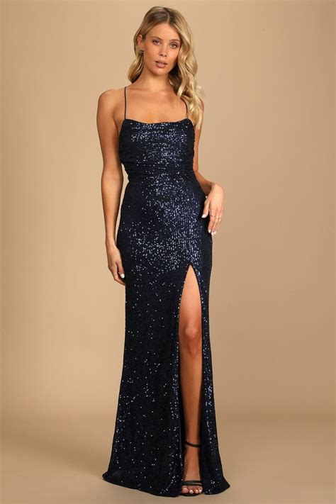 Navy Sequin Dress Lace Up Maxi Dress Sequin Mermaid Dress Lulus