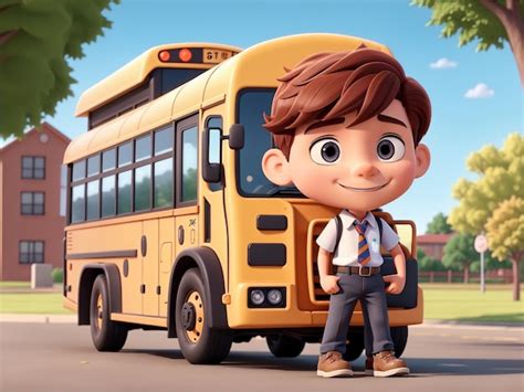 Premium AI Image | A boy boarding the school bus 3d cartoon style