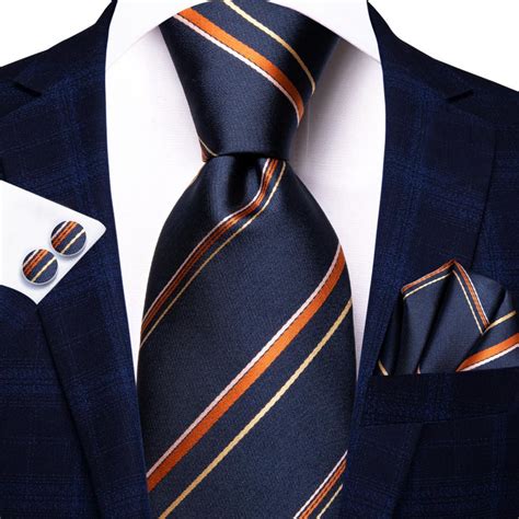 Corbata De Seda A Rayas De Color Azul Marino Y Naranja Para Hombres