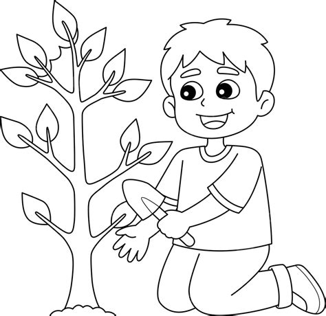 Boy Planting Trees Isolated Coloring Page Reuse Outline Colouring Book