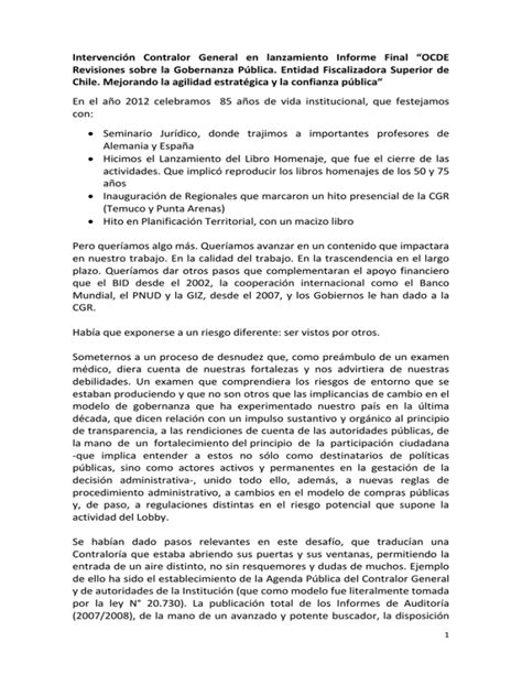 Intervención Contralor General en lanzamiento Informe Final OCDE