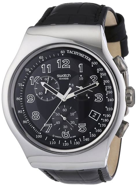 Swatch Mens Irony Yos440 Black Leather Quartz Watch With Black Dial