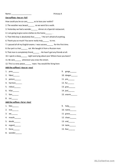 Suffix Less Ful Ous Ious Wor English Esl Worksheets Pdf Doc