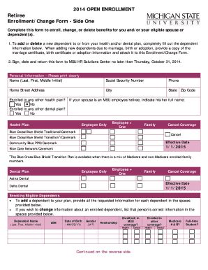 Fillable Online Hr Msu Enrollment Change Form Msu Human Resources