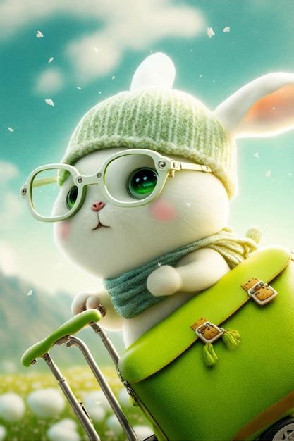 Premium Ai Image White Rabbit Wearing Glasses And A Green Suitcase