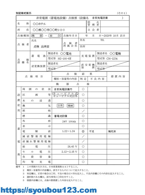 非常電源（蓄電池設備）の点検票の記入例 だれでもわかる消防用設備