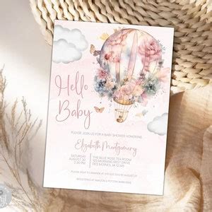 Pink Floral Hot Air Balloon Baby Shower Invitation Butterfly Balloon Baby Shower Invite