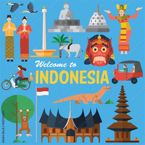 Flat Design Illustration Of Indonesia Icons And Landmarks Stock Vector