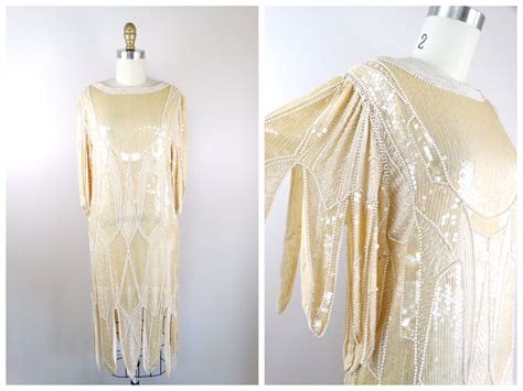 S M Iridescent Pearl Beaded Fringe Flapper Dress Ivory Peach Etsy Fringe Flapper Dress