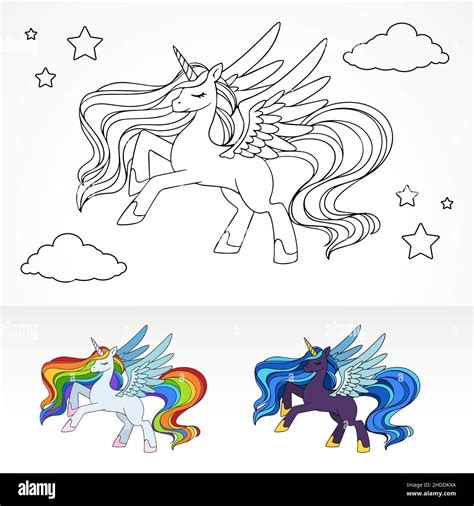 Magical Colourbook Pegasus Unicorn Flying On Night Sky With Colouring