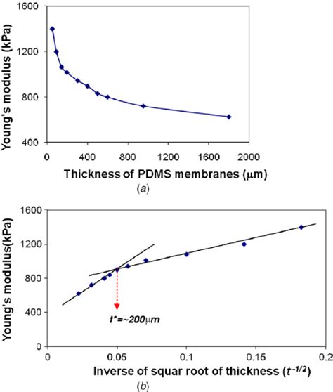 ( a ) Young’s modulus of PDMS membranes versus thicknesses ; ( b )... | Download Scientific Diagram