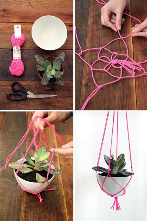 Three Pictures Showing How To Make A Hanging Planter With Yarn And Succulents