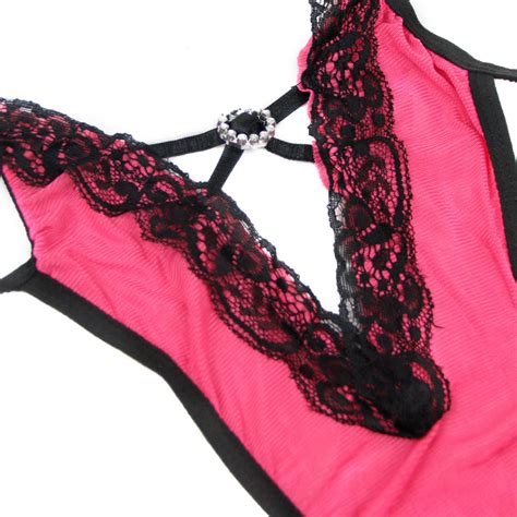 Sexy Rose Red Halter Plunging V Backless Bodysuit One Piece Lingerie Set N17024