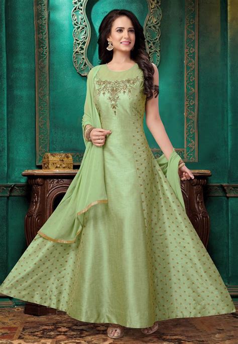 Light Green Silk Readymade Ankle Length Anarkali Suit 169855 Stylish