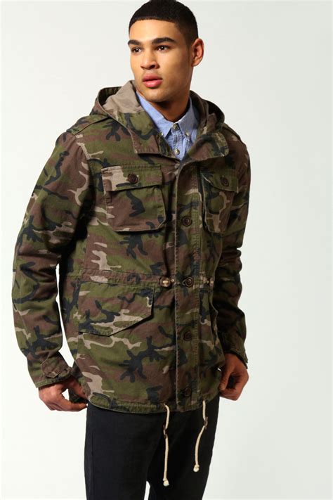 Boohoo Mens Multi Pocket 100 Cotton Camouflage Parka Jacket In Khaki