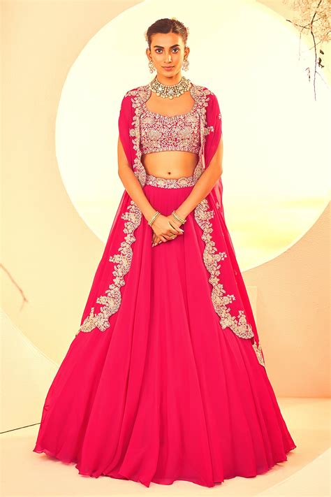 Buy Pink Organza Embroidery Dabka Leaf Neck Florence Cape Lehenga Set