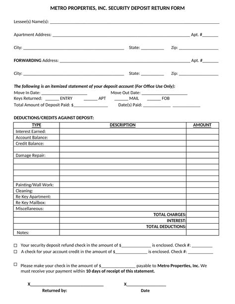 Free Printable Security Deposit Return Letter Templates Tenant