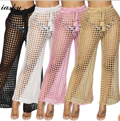 IASKY 2018 New Fishnet Bikini Cover Ups Sexy Knitted Beach Pants Summer