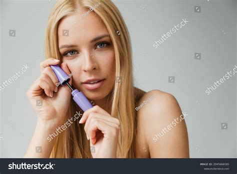 Halfnaked Blonde Woman Looking Camera While Stock Photo 2045666585