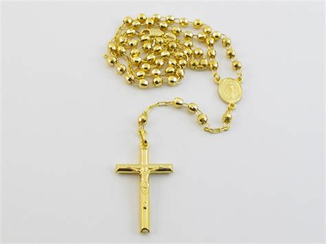 14k Yellow Gold Rosary Beads Necklace Virgin Mary Jesus Cross 18 20 22