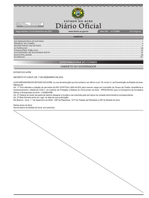 Diário Oficial Do Acre - Diário Oficial do Acre - 04/12/2023 | PDF