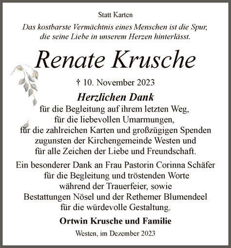 Traueranzeigen Von Renate Krusche Trauer Kreiszeitung De