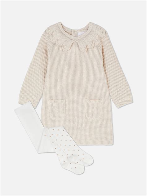 Baby Girls Oatmeal Collared Knit Dress And Tights Set Primark