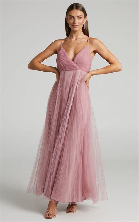 Allany Maxi Dress Faux Wrap Bodice Pleated Tulle Dress In Dusty Pink Showpo