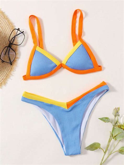 SHEIN Swim SPRTY Conjunto De Bikini Para Mujeres Con Bloque De Color Y