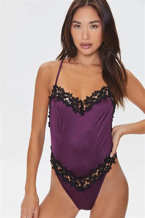 Forever Forever Satin Floral Lace Lingerie Bodysuit Purple