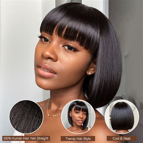 Realistic Glueless Natural Black Yaki Straight Bob With Bangs Wig 10