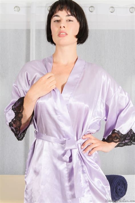 Seductive Brunette In Soft Lilac Silk Robe XXX Dessert Picture 2