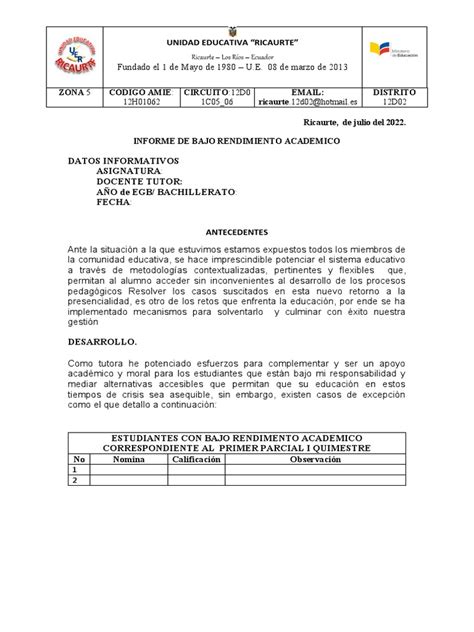 Modelo De Informe De Bajo Rendimiento De Primer Parcial Pdf